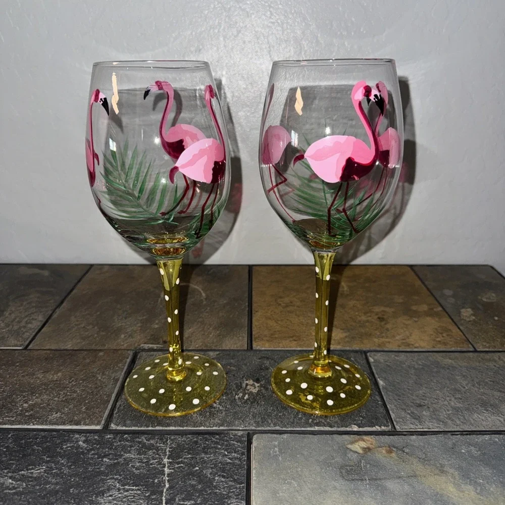 2 VINTAGE PIER 1 IMPORTS HAND PAINTED WINE GLASSES, GOBLETS w PINK FLAMINGOS
